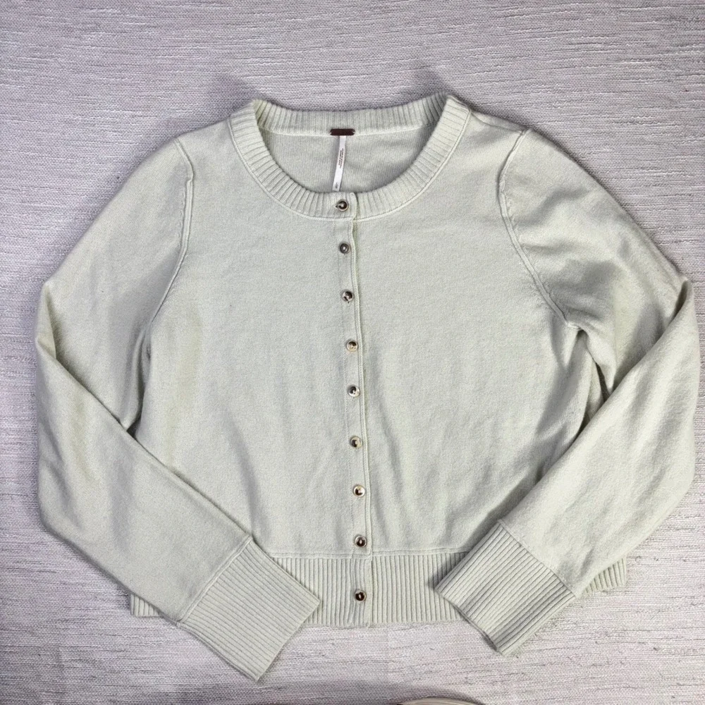 Free People Cashmere/ Wool Cardigan Sweater Bone Cream Sage Button Front Small